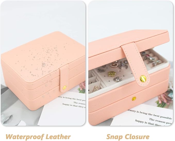 KOOAAICCHI Small Jewelry Box, Travel Jewelry Organizer, Portable Jewelry boxes for Women Girls Gift, Double Layers PU Leather Jewelry Holder for Rings, Earrings, Necklaces-Pink - Image 2