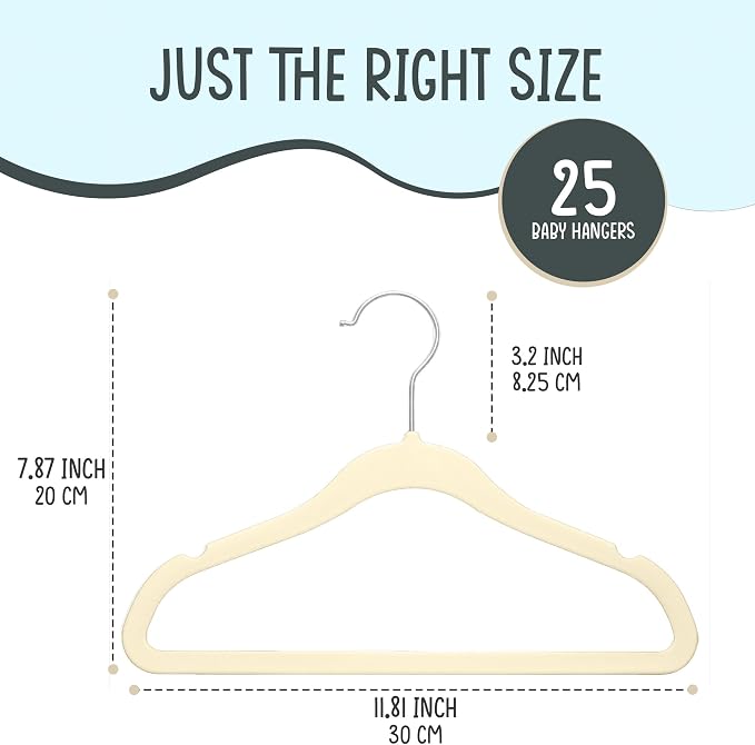 TechZoo 25 Premium Baby Velvet Hangers - 11.8 Inches Non-Slip & Ultra-Slim Baby Hangers for Space-Saving & Children Clothes - 360 Swivel Hook, Strong & Durable Infant & Toddler Clothes Hanger - Beige - Image 2