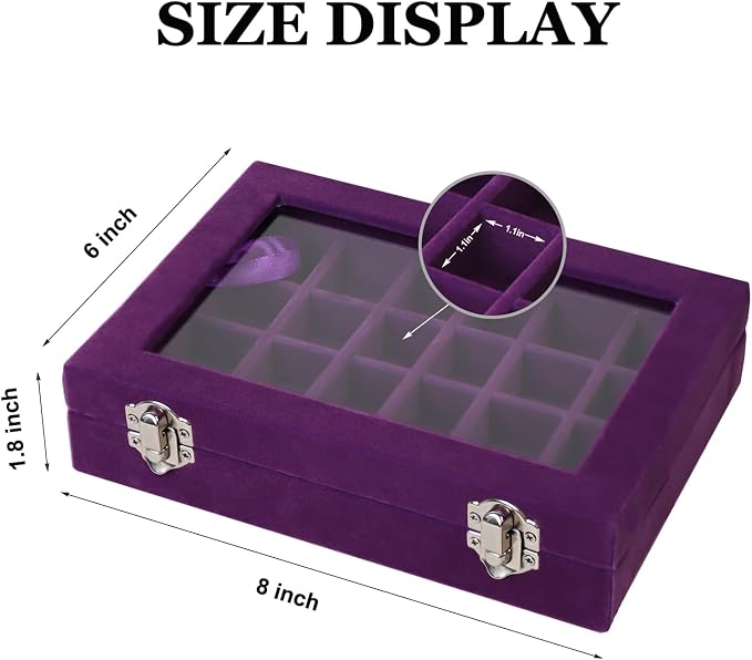 Velvet Jewelry Box 24 Grid Jewelry Earrings Display Organiser Box Ring Tray Holder Earrings Storage Case for Girls Women Wife Mom (Purple) - Image 2