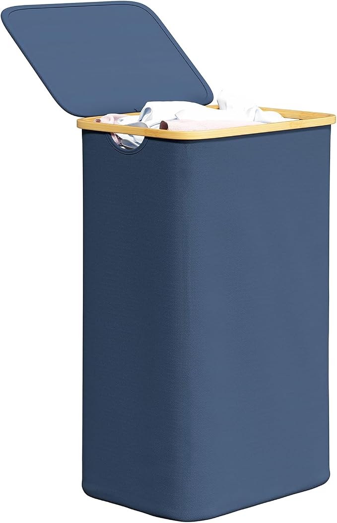 SpaceAid Laundry Hamper with Lid, 110L Large Tall Clothes Basket Bin with Bamboo Handles, Collapsible Laundry Hamper for Bedroom, Bathroom, Dorm, Laundry Room - Blue by SpaceAid