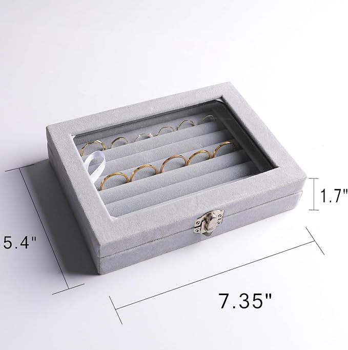 Frebeauty Rings/Earring Organizer Tray with Clear Lid,7 Slots Ring Box Velvet Ring Holder Drawer Insert Jewelry Storage Box Jewelry Display Case Jewelry Box Gift for Women and Girls(Grey,7 Slots) - Image 3