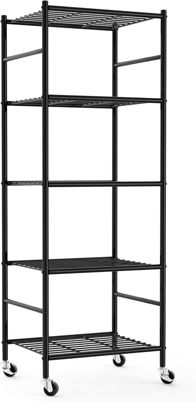 Sakugi Storage Shelves Organizer - 5 Tier Metal Shelf Organizer with Metal Wheels and Adjustable Leveling Feet, Heavy Duty Garage Shelving for Kitchen, Pantry and Closet, 18.1"x12.6"x58.7", Black by Sakugi