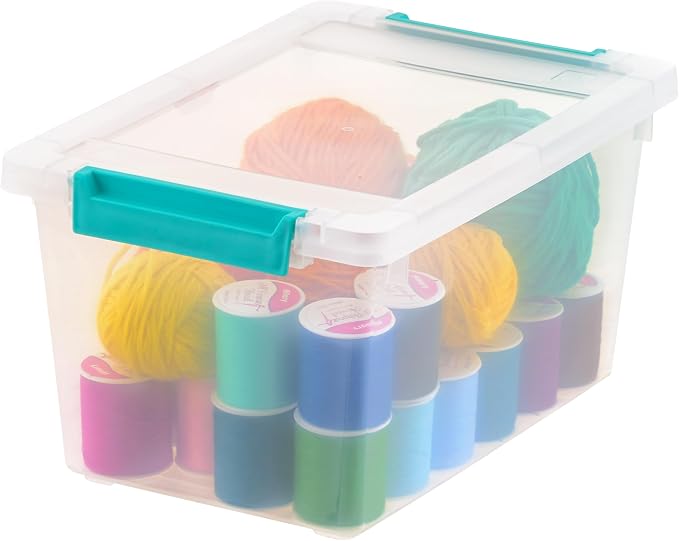 IRIS USA 4 Qt. Craft Storage Bins with Lids, 6-Pack, |Made in USA|, Clip Box, Small Plastic Sensory Bin Tote Organizer Containers for Art Supplies, Paper, & Office, Stackable - Clear/Seafoam Blue - Image 4