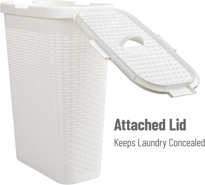 Mind Reader Slim Laundry Hamper with Lid, 40L Clothes Basket, Narrow Tapered Design with Ventilated Cutout Pattern, Plastic, White - Image 5