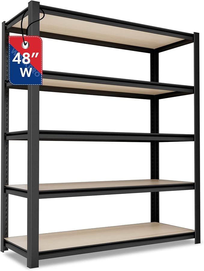 WORKPRO House 5-Tier Shelving Unit, Adjustable Heavy Duty Storage Shelves, Wood Grain Pattern, Waterproof Board, 3000lbs Boltless Shelving for Kitchen, Living Room, Garage, 48"W x 24"D x 72"H, Black by WORKPRO