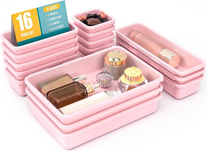 16 PCS Drawer Organizer Set, 4 Size Makeup Drawer Divider Organizer With Non-Slip Pads, Interlocking Plastic Storage Bins for Office,Jewelry Vanity,Gadgets, Bathroom,Kitchen, Pink by StoreHappily