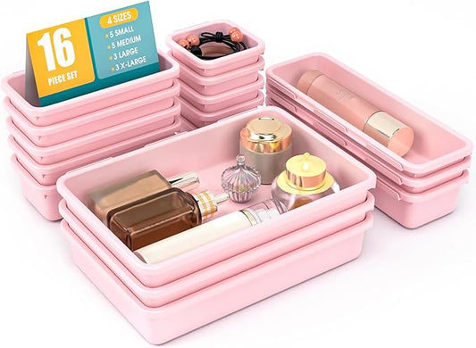 16 PCS Drawer Organizer Set, 4 Size Makeup Drawer Divider Organizer With Non-Slip Pads, Interlocking Plastic Storage Bins for Office,Jewelry Vanity,Gadgets, Bathroom,Kitchen, Pink by StoreHappily