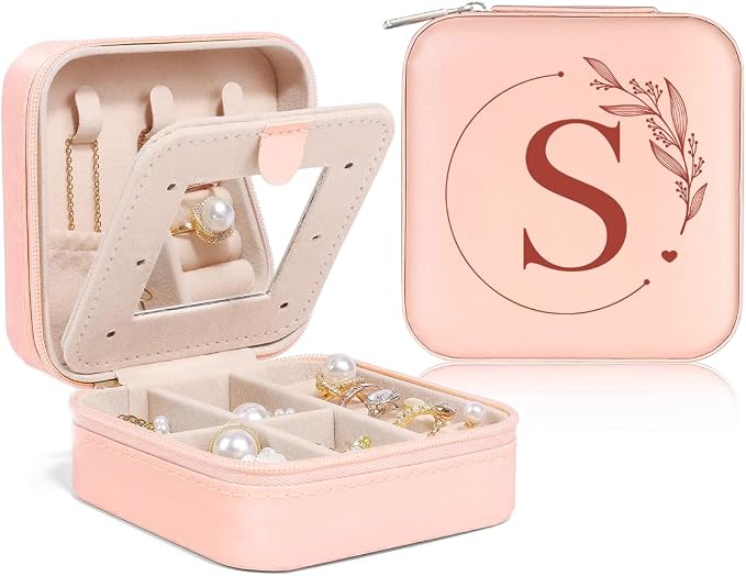 SANDJEST Personalized Jewelry Box, Pink Small Travel Jewelry Box with Initial S, Monogrammed Jewelry Case Organizer for Girls Women Teen, Mini Travel Essentials Gifts for Christmas Birthday by SANDJEST