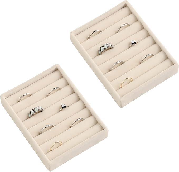 Frebeauty Small Jewelry Tray Set,Velvet Ring Organizer,Stackable Jewelry Organizer Tray,Mini Jewelry Drawer Organizer,4.92 x 3.74 x 0.9 Inches,7 Slots Ring Tray for Women(Set 2,Beige) by Frebeauty