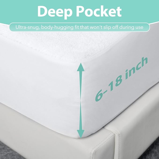 Twin XL Mattress Protector Waterproof- Washable Mattress Cover Twin XL Size Fitted Bed Pad Noiseless Plastic Protection Up to 18” Allergy Mattress Protector Soft&Breathable（White）