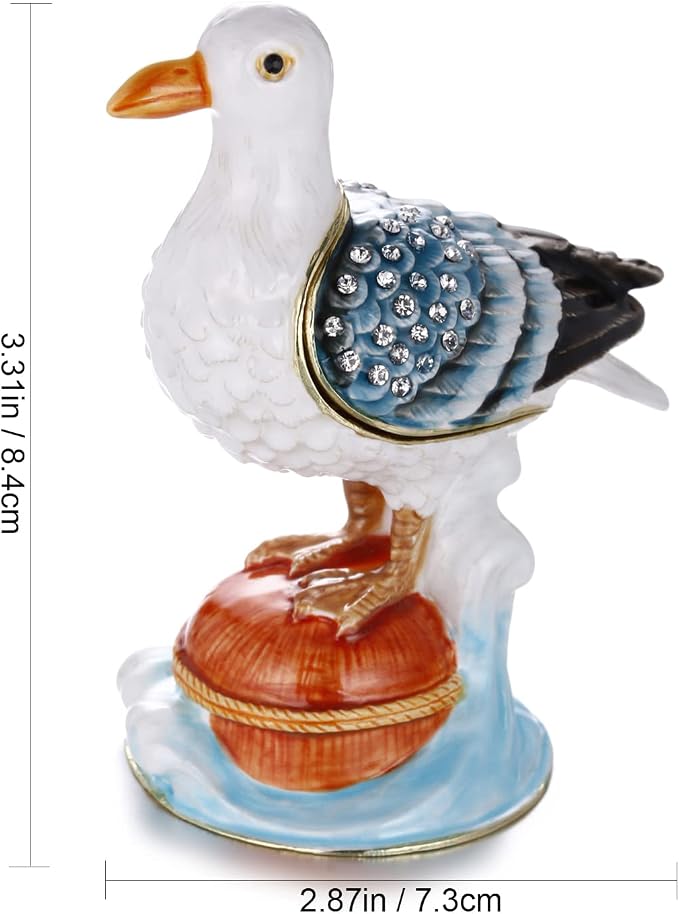 Hand Painted Enamel Seagull Trinket Box for Home Decor, Hinged Jewelry Organizer for Ring Earrings, Unique Figurine Keepsake Collectible Personalized Elegant Handmade Ornament Gifts (White Seagull) - Image 2