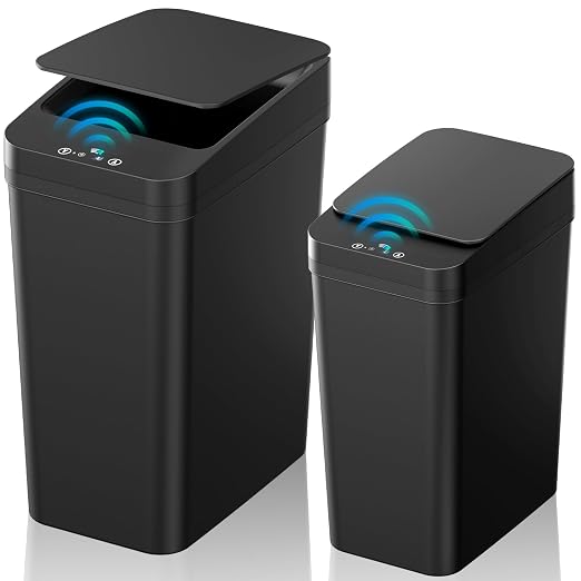 Bathroom Trash Can with Lid, 2 Pack 4 & 2.2 Gallon Automatic Touchless Garbage Can, Small Motion Sensor Smart Trash Can, Slim Waterproof Trash Bin for Bedroom, Bathroom, Office, Living Room (Black) by KOEYLE