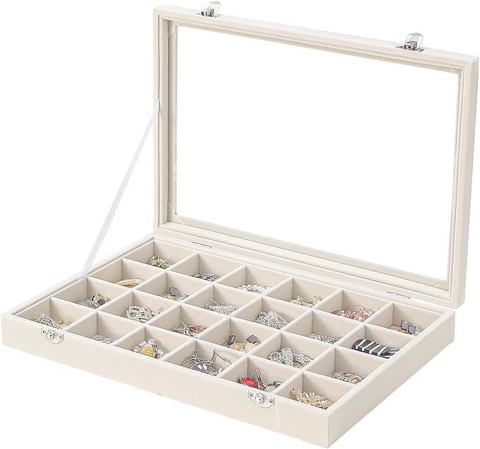 Coward Jewelry Organizer Box, Beige Velvet 24 Grids Ring Earring Jewelry Display Tray Case with Transparent Glass Lid for Home Drawer or Shop Selling by FocusOnJewelryDisplay15yrs