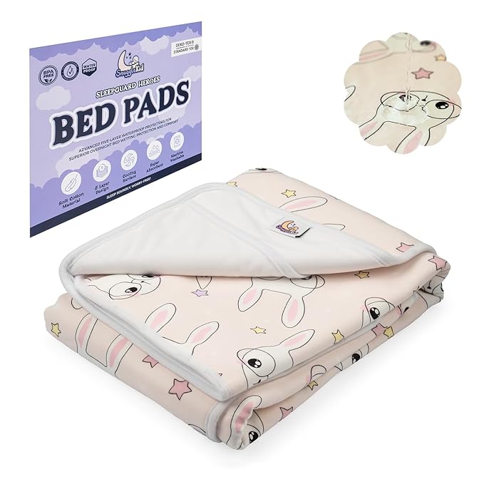 Tuckable Side Bed Wetting Pads Toddlers, Reusable Washable Waterproof Baby Potty Training Pee Pads Sheet Protector Kids, 5 Absorbent Layers, Exclusive No-Slip, 39"x 29" Fits Twin Pink Bunny Print