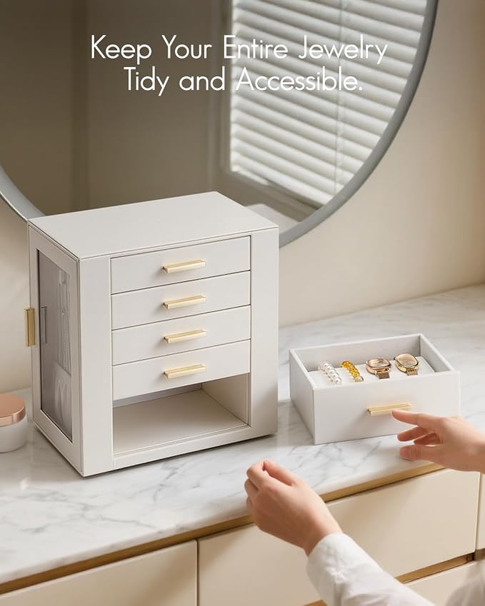 VLANDO 360ｰ Rotating Jewelry Box with 5 Drawers, Mothers Day Mom Gifts, Large Jewelry Storage with 2 Glass Window, PU Leather Jewelry Organizer for Bracelets, Necklaces, Earrings, Rings - Cloud White - Image 7