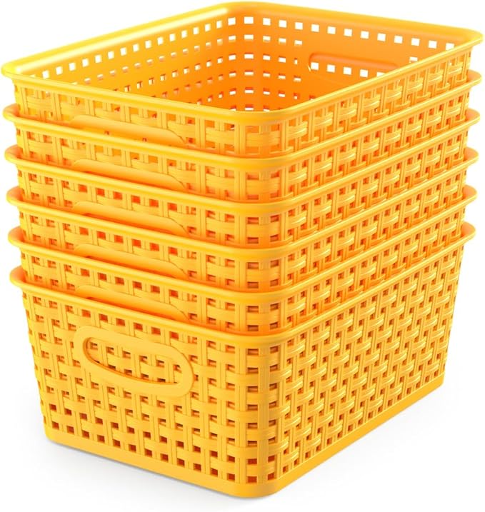 WYT 6-Pack Plastic Small Shelf Storage Weave Baskets Organizing for Cabinets and Pantries, Yellow by WYT