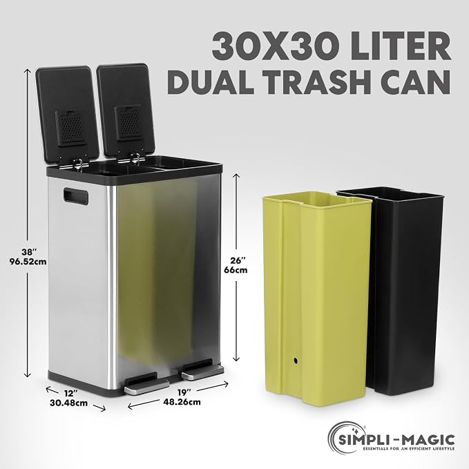 Simpli-Magic 16 Gallon (60L) Step Trash Can – Dual Compartment Kitchen Garbage Can with Waste & Recycling Bins – Slow-Close Lid, Odor Control, Hands-Free, Inner Bases, Premium Stainless Steel - Image 3