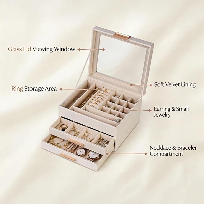 Jewelry Box Organizer with Glass Lid, 3-Layer with Double Drawers, Luxury Velvet Lined Desktop Display Case for Earrings Rings Necklaces, Gift for Women Girls (White) - Image 5