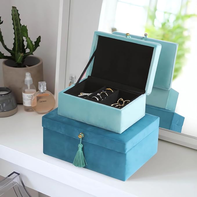 HofferRuffer Velvet Jewelry Boxes Decorative Boxes, Storage Accessory Organizer Boxes with Elegant Handle Decor, Classic Velvet Set of 2 Pieces (Blue) - Image 3