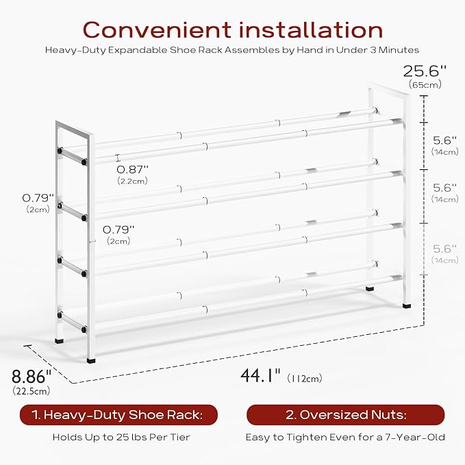 Bumusty 4-Tier Long Expandable Shoe Rack for Closet, 18"-44" Adjustable Shoe Rack for Entryway, 20-24 Pairs Large Shoe Organizer Shelf Storage, Sturdy Metal, White - Image 3