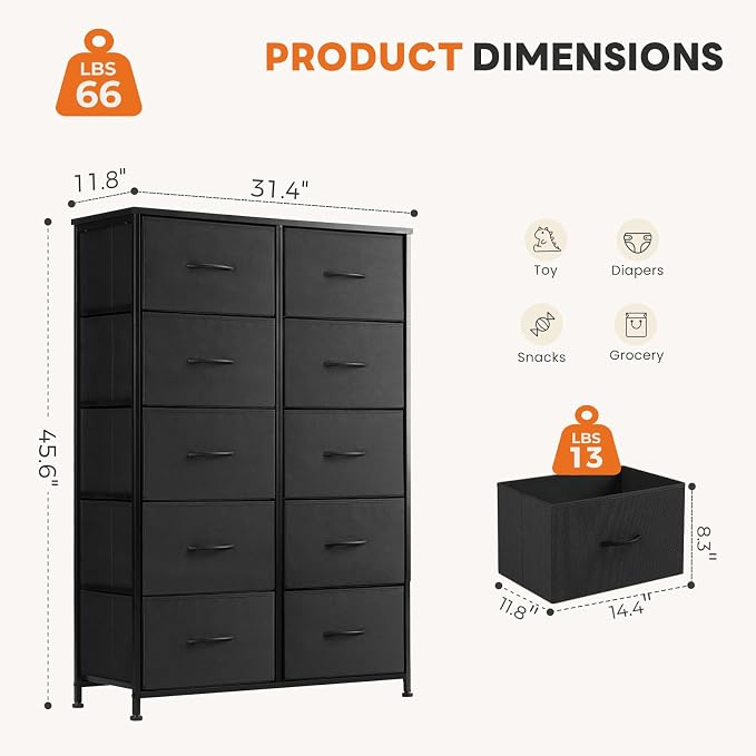 Sweetcrispy Black Dresser for Bedroom, 10 Drawer Tall Dresser, Fabric Storage Tower with Bins, Chest Organizer Unit for Bedroom Closet, Hallway, Steel Frame Wood Top, Easy Pull Handle - Image 3