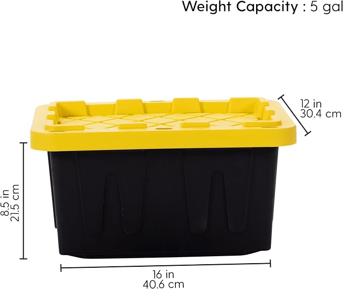 Plastic 5-Gallon Storage Tote with Lockable Lid, Stackable Tough Regular-Duty Bin for Garage, Tools, and Home Organization (2-Pack) - Black and Yellow - Image 5