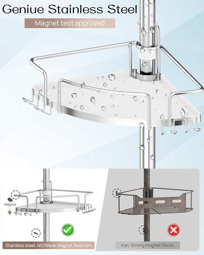 ALLZONE Corner Shower Caddy Tension Pole, 4 Hang-On Basket with Mixed-Height Shelves for Various Bottle Sizes, Extra Hooks & Soap Holder, Rustproof Stainless Steel, Fits 34–116 Inch, Silver/White - Image 6