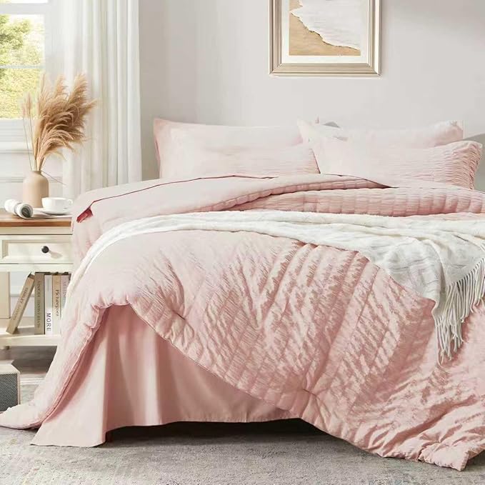 Zzlpp Full Comforter Set 7 Pieces, Pink Seersucker Bed in a Bag with Comforter and Sheets, All Season Bedding Sets with 1 Comforter, 2 Pillow Shams, 2 Pillowcases, 1 Flat Sheet, 1 Fitted Sheet