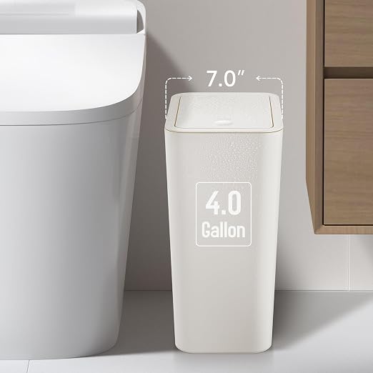 TIPGO Bathroom Trash Can with Lid, 4 Gallon / 15 Liter Small Garbage Can, Press Top Bin, Plastic Wastebasket with Pop-Up Lid for Bedroom, Living Room, Office (White, 2 Pack) - Image 2