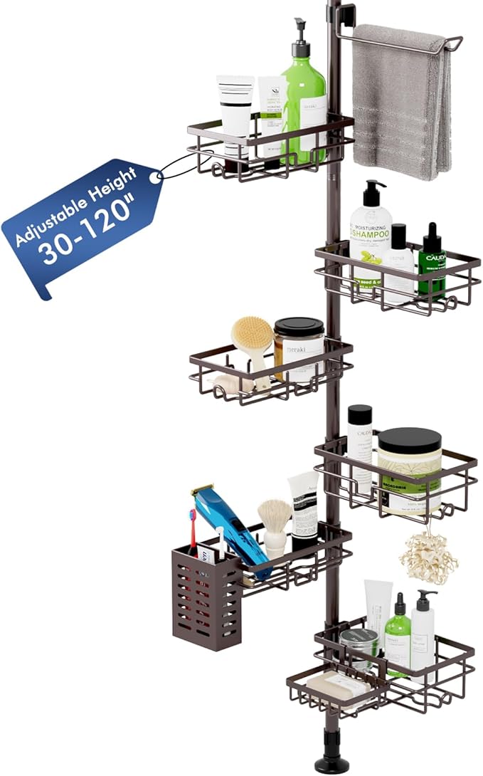 Vatex Corner Shower Caddy Tension Pole,Adjustable 30-120 Inch Bathroom Organizer Storage,Rustproof 6-Tier Shower Corner Shelves,Towel Rack, Toothbrush Holder, Soap Dish Organizers by Vatex
