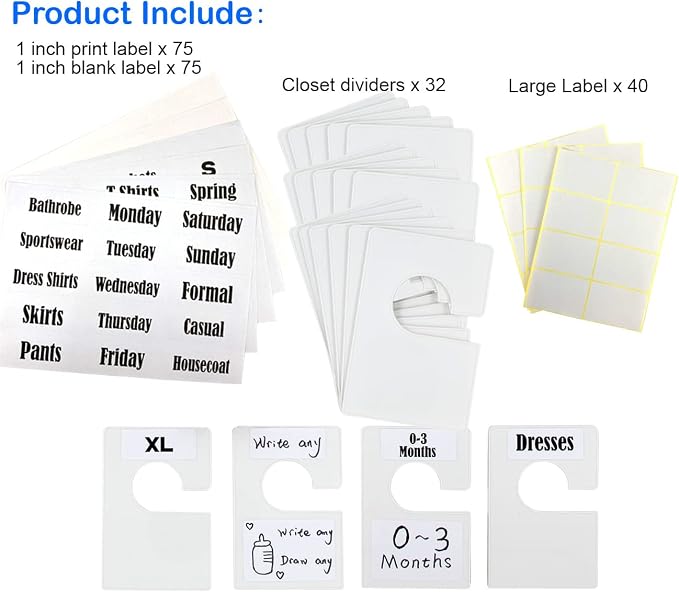32 Pack White Clothing Rack Size Dividers Plus 150 Labels (1 Inch) and 40 Large Blank Labels, Large Rectangular Clothing Closet Dividers (Pearl White) - Image 3