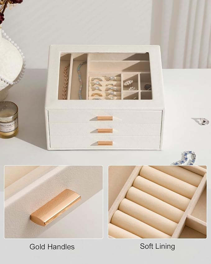 Jewelry Box with Glass Lid,3-Layer Jewelry Boxes for Women,PU Leather Jewelry Organizer with 20-Grid Earring Drawer & Movable Dividers for Necklaces Rings - Cloud White - Image 6