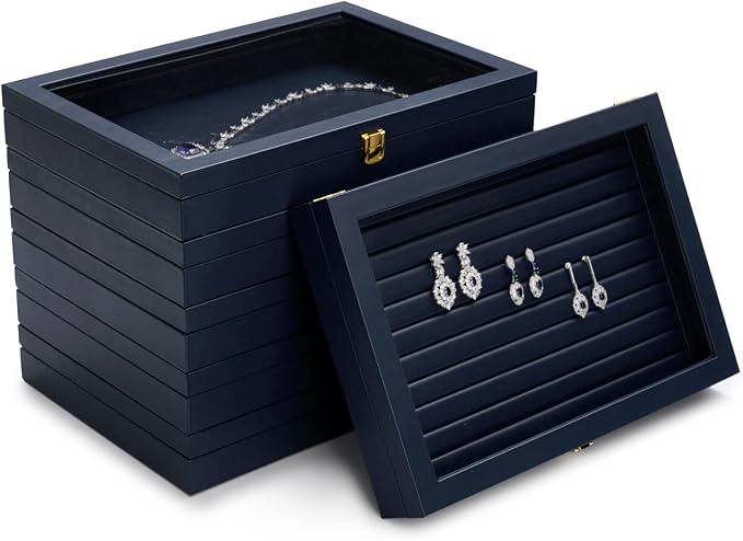 Oirlv Premium Blue Leather 24 Grid Jewelry Tray with Transparent Lid Earrings Rings Organizer Box Stackable Jewelry Box Drawer Inserts Women Gift - Image 6
