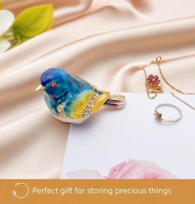 JWT Astyle Blue Mountain Bird Hinged Trinket Box with Crystal Stones .Animal Jewelry Box.Necklace Rings Earrings Storage.Bird Figurines Home Decor,Collectible Trinket Boxes Gift ., Blue Yellow - Image 9