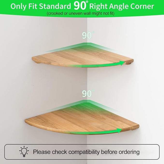 Corner Shelves, Floating Corner Shelf, Set of 3 Solid Oak Wood Corner Wall Shelves, Round End with Wire Hole Shelving for Small Plant for Bedroom Kitchen, Living Room (Size 9/10/12in) - Image 2