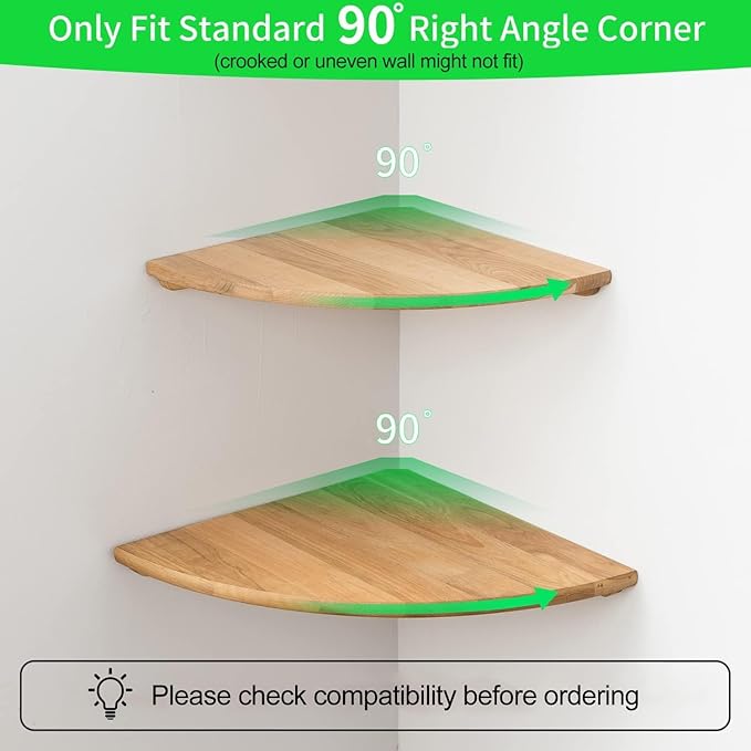 Corner Shelves, Floating Corner Shelf, Set of 2 10inch Solid Oak Wood Corner Wall Shelves, Round End Wall Mount Display Shelf with Wire Hole for Bedroom Kitchen, Living Room - Image 2