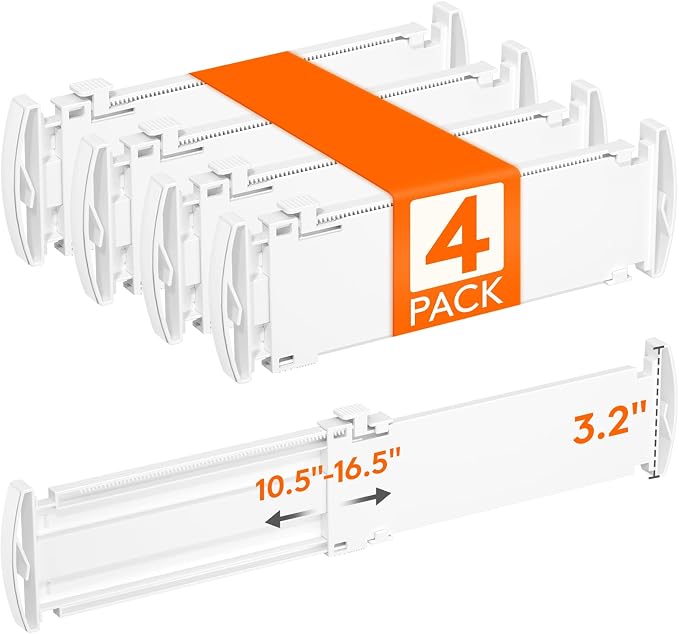 Lifewit Drawer Dividers for Clothes, 3.2" Tall 10.5"-16.5" Expandable Dresser Drawer Organizers, Adjustable White Plastic Separators for Kitchen, Cabinet, Nursery, Socks & Underwear Storage, 4 Pack by Lifewit