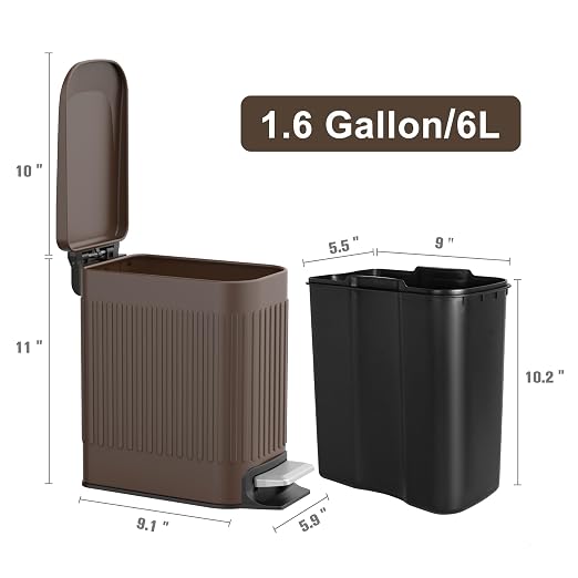 TrashAid Slim Bathroom Trash Can with Lid Soft Close, 6 Liter/1.6 Gallon Stainless Steel Small Garbage Can with Removable Inner Bucket, Step Pedal, Slim Wastebasket for Toilet, Office, Bedroom, Brown - Image 8
