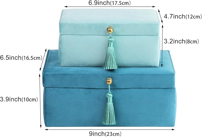 HofferRuffer Velvet Jewelry Boxes Decorative Boxes, Storage Accessory Organizer Boxes with Elegant Handle Decor, Classic Velvet Set of 2 Pieces (Blue) - Image 2