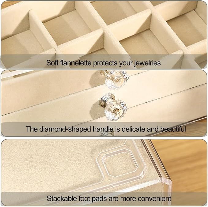 SPAKOWN Earring Box Holder Organizer Display Case, Clear Velvet Jewelry Storage Tray Organizer for Earring Ring Stud (Beige - 3 Drawers) - Image 4