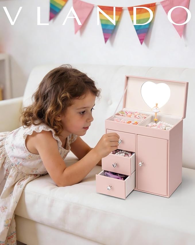 VLANDO Musical Jewelry Box for Girls, Large Kid Music Box with Ballerina for Birthday Bedroom Decor, 4 Layer Girl Jewelry Gifts for Girls Kids - Pink - Image 8