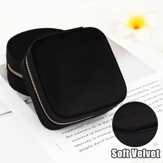 DesignSter Travel Jewelry Box - Velvet Jewelry Organizer, Small Jewelry Case, Jewelry Storage Box for Rings Earrings Necklace (Square, Black) - Image 5