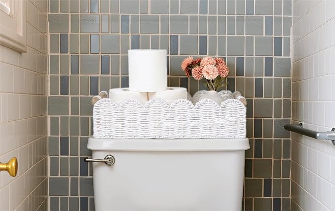CubesLand Toilet Paper Storage Basket, Scalloped Edge Shelves Basket for Organizing for Over Toilet Tank Storage, Home Decor Baskets for Shelf, Countertop, Living Room, Bedroom, Handwoven, White - Image 4