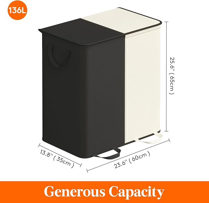 Lifewit Double Laundry Hamper with Lid and Removable Laundry Bags, Large Collapsible 2 Dividers Dirty Clothes Basket with Handles for Bedroom Laundry Room Closet Bathroom College, 136L White&Black - Image 5
