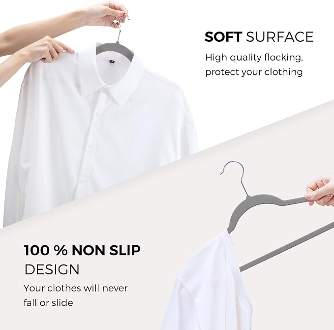 HOUSE DAY Premium Velvet Hangers 50 Pack Grey, Non-Slip Flocked Felt Hangers, Sturdy Clothes Hanger with 360° Rotatable Hook, Heavy Duty Durable Slim Coat Hanger for Closet Space Saving - Image 6