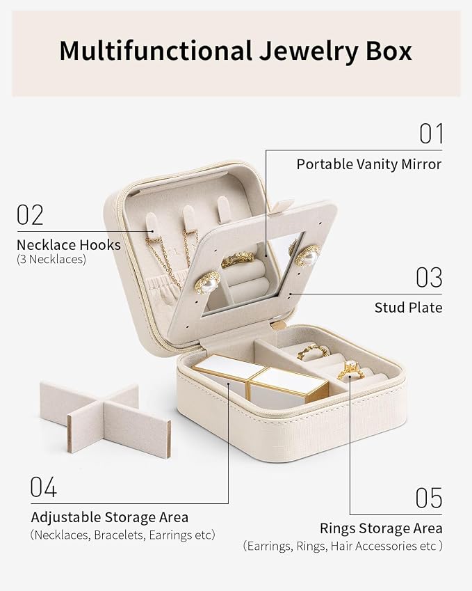 VLANDO Bridesmaid Gifts - Small Travel Jewelry Box Organizer - Wedding Gifts for Girls Women Rings Earrings Necklaces Storage with Mirror - Milky White - Image 5