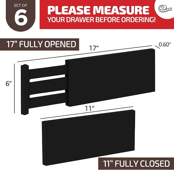 6-Pack Drawer Dividers 6 Inch High, 11”-17" Adjustable Bamboo Organizers Large Expandable Drawer Separators for Cloths, Dresser, Bedroom, Bathroom, Baby Drawer, Office & Kitchen Utensils (Black) - Image 7