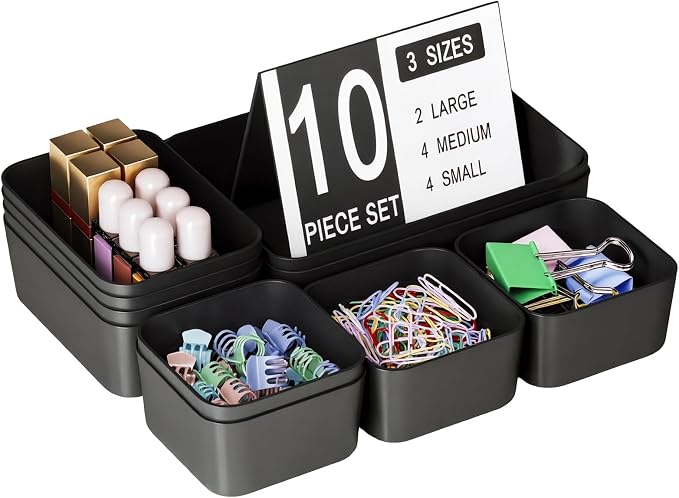 Plastic Drawer Organizers, 10 PCS Drawer Organizer Bins, Bathroom and Vanity Organizer Plastic Tray, Makeup Organizer and Storage for Makeup, Bedroom, Kitchen Gadgets Utensils and Office (Black) by Homhut