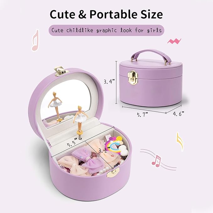 VLANDO Musical Jewelry Box for Girls, Small Kid Music Box with Ballerina for Party Bedroom Decor, Bithday Gift for Girl - Purple - Image 3