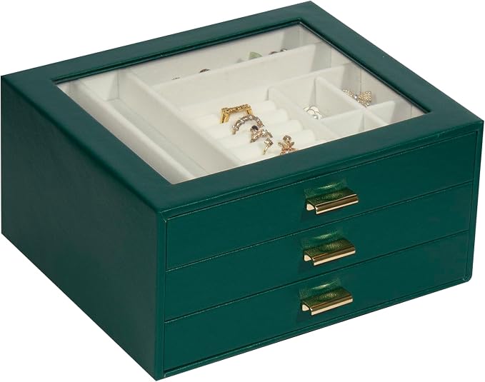 Jewelry Box Organizer with 3 Drawers,Glass Lid Jewelry Boxes for Women,Jewelry Storage for Rings,Necklaces,Earrings,Bracelets,Interesting Gift,Green by Unknown